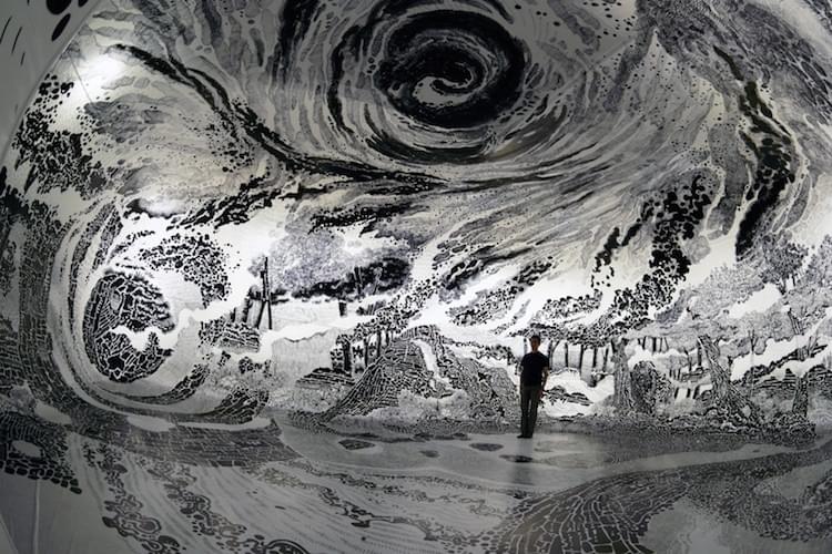 Artist Uses 120 Marker Pens to Create Swirling Landscape Drawings Inside a Dome