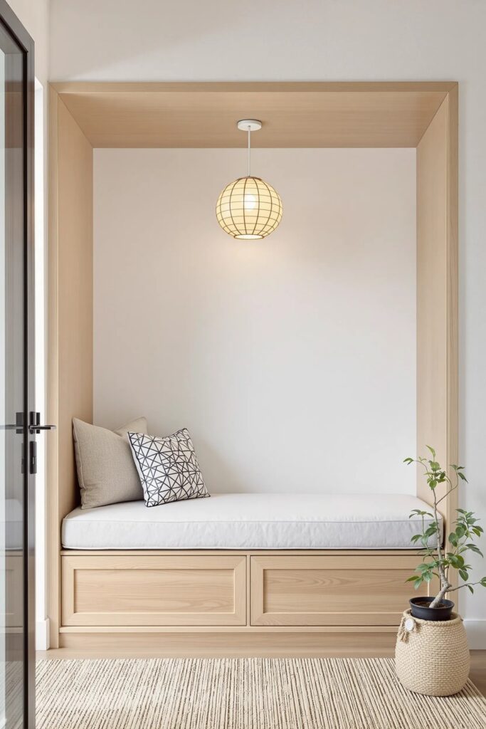 A peaceful minimalist reading nook with natural light and clean white décor
