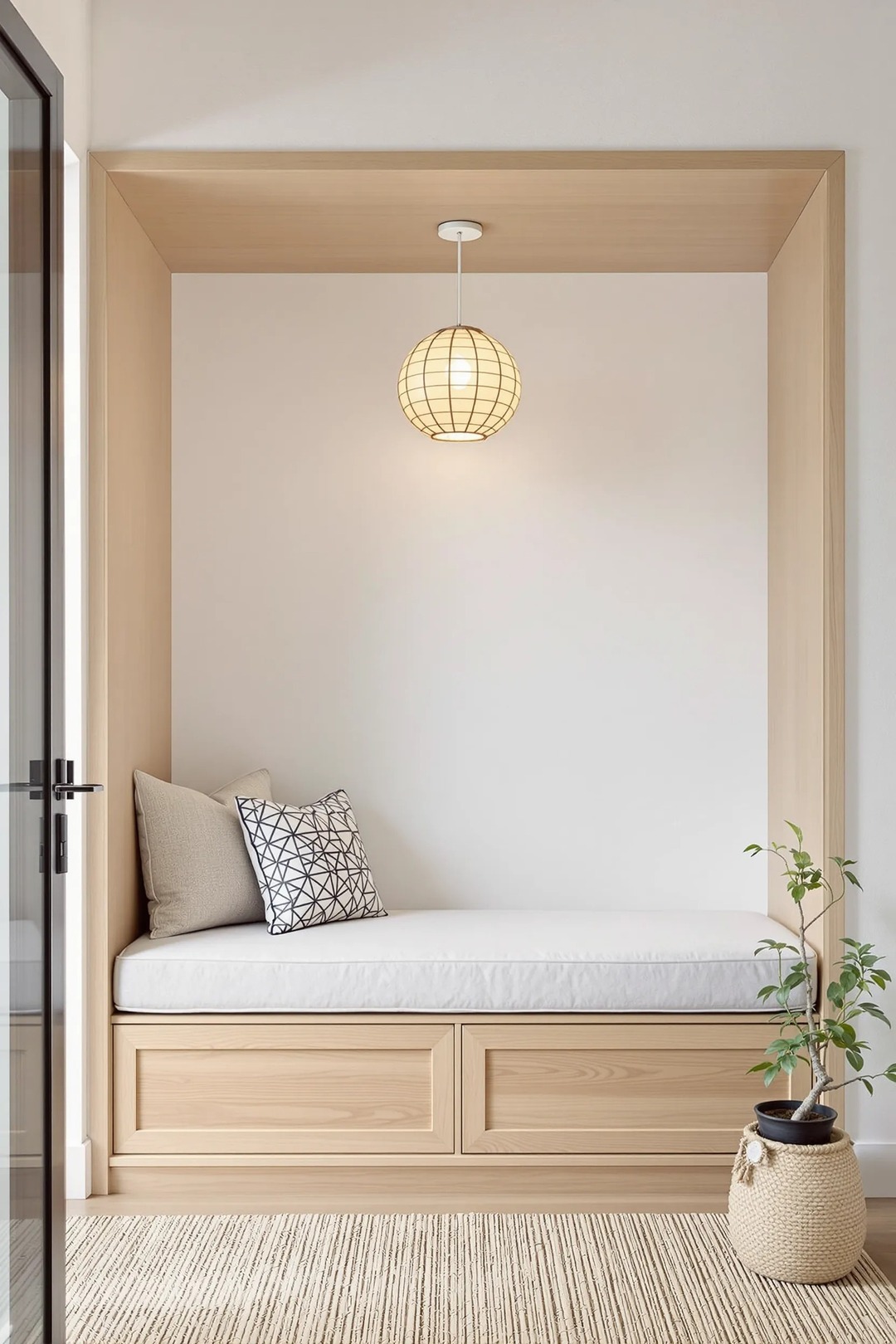 A peaceful minimalist reading nook with natural light and clean white décor