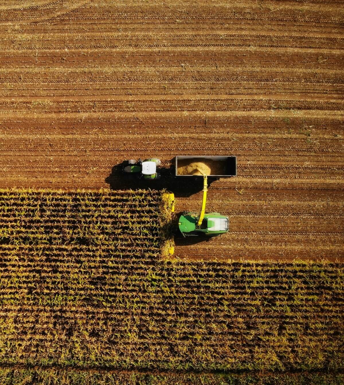 Aerial view of modern agricultural machinery harvesting crops in a field.